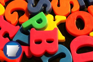 colorful plastic letters - with Arkansas icon