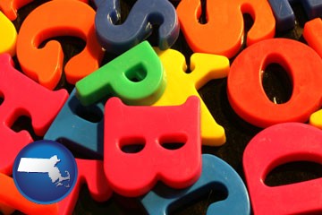 colorful plastic letters - with Massachusetts icon