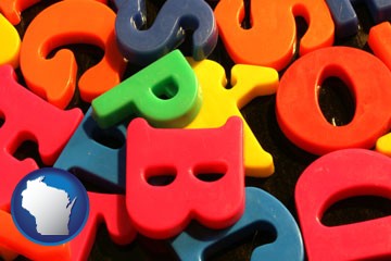 colorful plastic letters - with Wisconsin icon