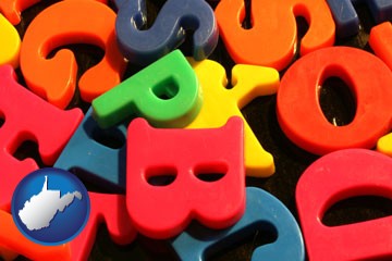 colorful plastic letters - with West Virginia icon