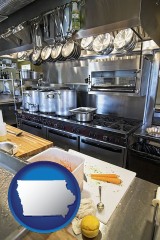 iowa map icon and a restaurant kitchen