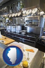illinois map icon and a restaurant kitchen