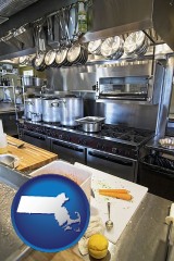 massachusetts map icon and a restaurant kitchen