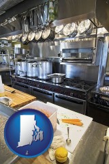 rhode-island map icon and a restaurant kitchen