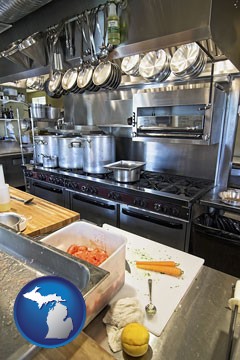 a restaurant kitchen - with Michigan icon