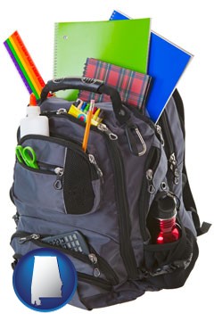 a backpack filled with school supplies - with Alabama icon