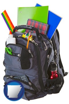 a backpack filled with school supplies - with Arkansas icon