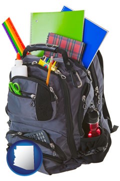 a backpack filled with school supplies - with Arizona icon