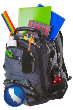 a backpack filled with school supplies - with California icon
