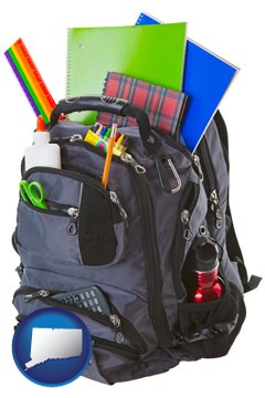 a backpack filled with school supplies - with Connecticut icon