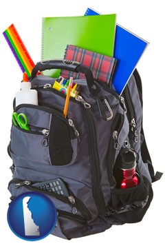a backpack filled with school supplies - with Delaware icon