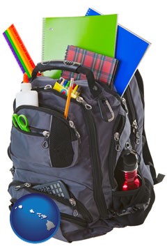 a backpack filled with school supplies - with Hawaii icon