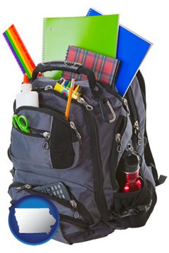 a backpack filled with school supplies - with Iowa icon