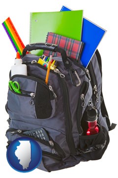 a backpack filled with school supplies - with Illinois icon