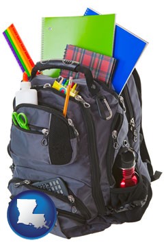 a backpack filled with school supplies - with Louisiana icon