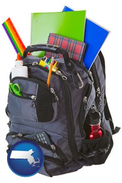a backpack filled with school supplies - with Massachusetts icon