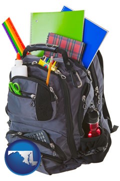 a backpack filled with school supplies - with Maryland icon