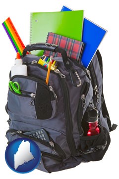 a backpack filled with school supplies - with Maine icon