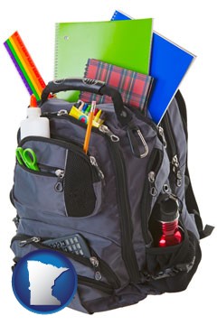 a backpack filled with school supplies - with Minnesota icon