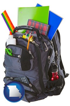 a backpack filled with school supplies - with Missouri icon