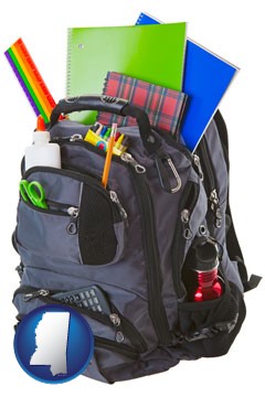 a backpack filled with school supplies - with Mississippi icon