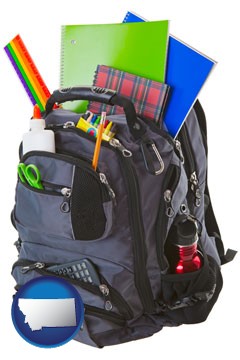 a backpack filled with school supplies - with Montana icon