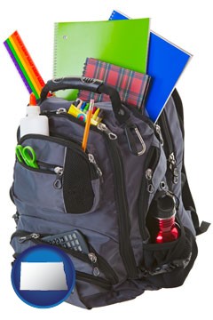 a backpack filled with school supplies - with North Dakota icon