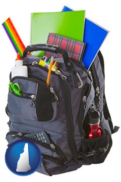a backpack filled with school supplies - with New Hampshire icon
