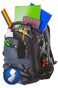 a backpack filled with school supplies - with New Jersey icon