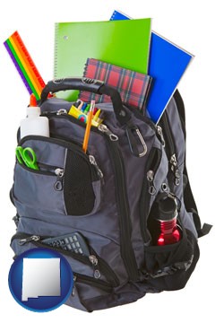 a backpack filled with school supplies - with New Mexico icon
