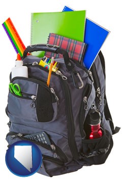 a backpack filled with school supplies - with Nevada icon