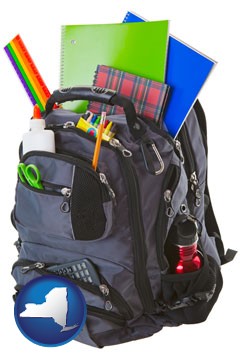 a backpack filled with school supplies - with New York icon