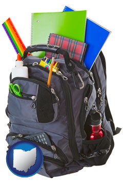 a backpack filled with school supplies - with Ohio icon