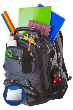 a backpack filled with school supplies - with Oregon icon