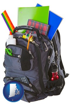 a backpack filled with school supplies - with Rhode Island icon
