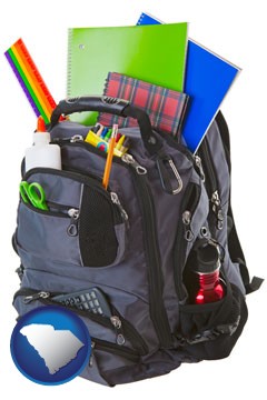 a backpack filled with school supplies - with South Carolina icon