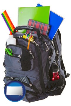 a backpack filled with school supplies - with South Dakota icon