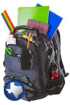 a backpack filled with school supplies - with Texas icon