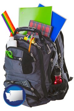 a backpack filled with school supplies - with Washington icon