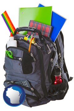 a backpack filled with school supplies - with Wisconsin icon