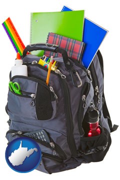 a backpack filled with school supplies - with West Virginia icon