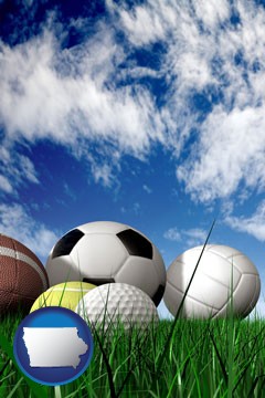 a football, a golf ball, a soccer ball, a tennis ball, and a volleyball - with Iowa icon