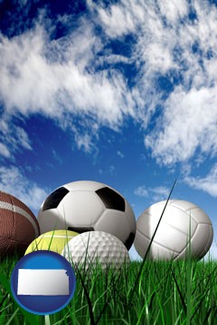 a football, a golf ball, a soccer ball, a tennis ball, and a volleyball - with Kansas icon