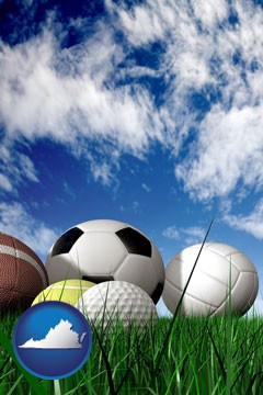 a football, a golf ball, a soccer ball, a tennis ball, and a volleyball - with Virginia icon