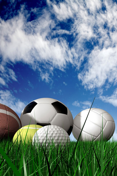 a football, a golf ball, a soccer ball, a tennis ball, and a volleyball (large image)