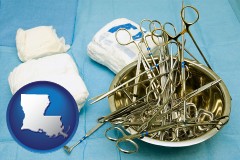 louisiana map icon and surgical instruments and bandages
