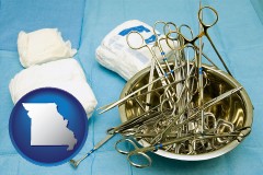 missouri map icon and surgical instruments and bandages