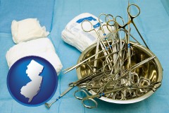 new-jersey map icon and surgical instruments and bandages