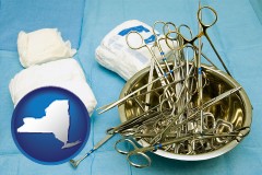 new-york map icon and surgical instruments and bandages