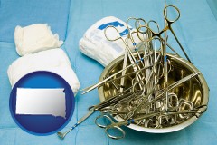 south-dakota map icon and surgical instruments and bandages